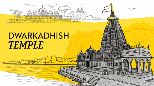 Dwarkadhish Temple Landscape, Gujarat &ndash; Indian Heritage Tourism Artwork for Travel Promotion & Souvenir Design