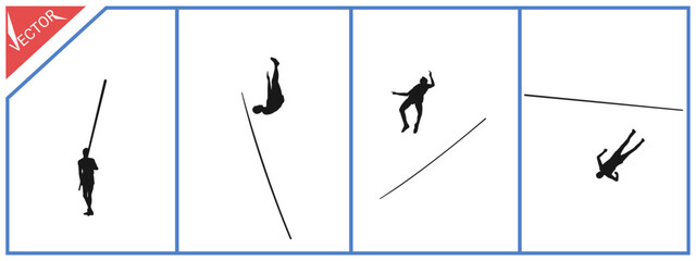 Silhouette of a pole vaulter failing in a competition. Vector illustration.