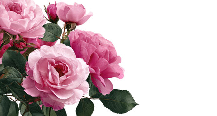 Close-up of several pink roses in a cluster.  Soft pink blossoms with darker pink centers.  Dark green leaves.  Black background.  Image highlights rose detail