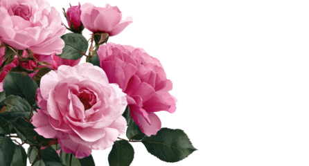 Close-up of several pink roses in a cluster.  Soft pink blossoms with darker pink centers.  Dark green leaves.  Black background.  Image highlights rose detail