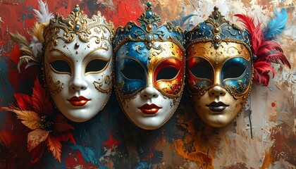 Three ornate masks with colorful designs against abstract background