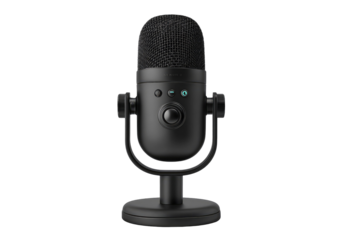 Black desktop microphone with controls.  A compact,  black microphone with a  round  capsule and  a  stand.  Features a  circular control knob.  Small,  glowing lights visible