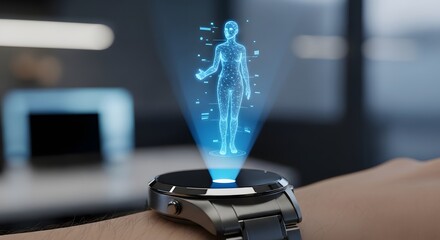 Holographic projection of human body on smartwatch, futuristic technology concept for health monitoring and diagnostics