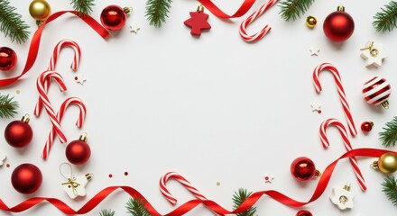 Festive christmas border with red ornaments, candy canes, and pine branches on white background