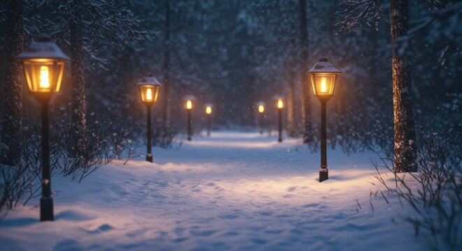 Winter night pathway with glowing lanterns in snowy forest