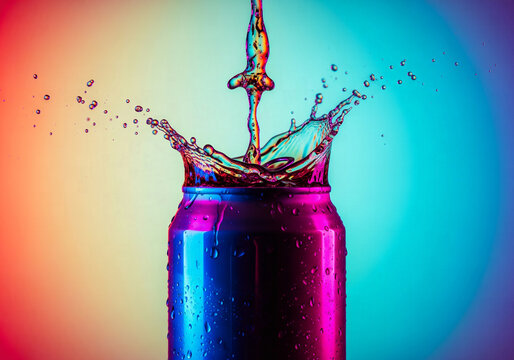Vibrant splash on a wet aluminum beverage can illuminated with neon blue, pink, and orange light