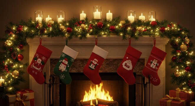 Festive christmas mantel with stockings and candlelight above cozy fireplace