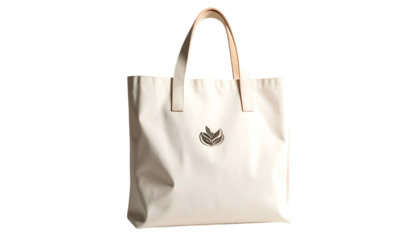 Creamy tote bag with brown handles, central floral emblem