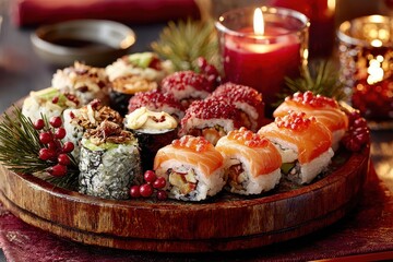 Festive sushi platter with salmon and red caviar, candles, and decorations. Use this delicious image to promote restaurants or meal delivery services.