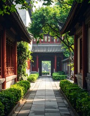 Traditional Asian architecture leads to a sunlit courtyard