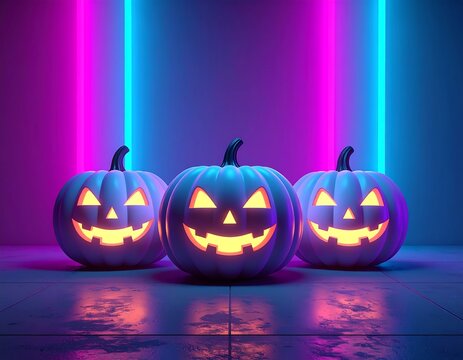Glowing Halloween pumpkins with neon lights, futuristic jack-o'-lanterns in dark room, modern Halloween decoration with vibrant blue and pink illumination