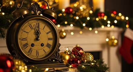 Vintage clock and festive holiday decor with bokeh lights and ornaments