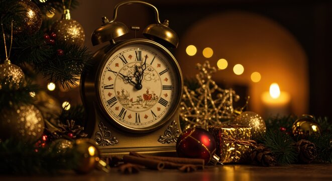 Warm holiday scene with vintage clock surrounded by festive decorations