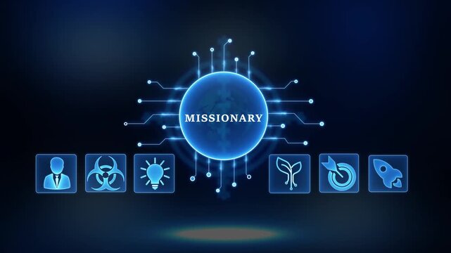 M I S I O N A R Y concept digital network globe connection with icons for business growth innovation startup and biohazard warning