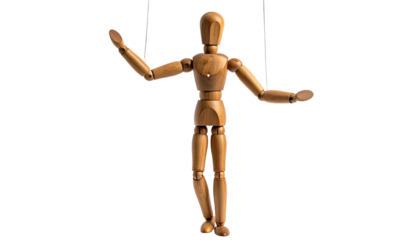 Wooden marionette figure suspended by strings against dark backdrop