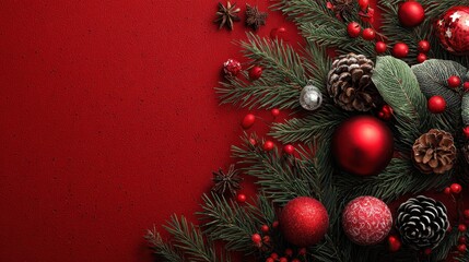 Red holiday background with ornaments, pine branches, and berries. Use for cards, ads, and other festive Christmas themed designs.