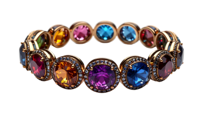 Colorful gemstone bracelet set in gold, dark background
