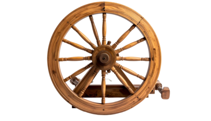 Wooden wheel with spokes, mounted on frame, centered