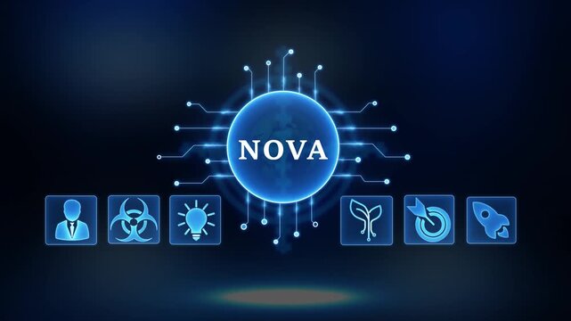 Futuristic digital network connecting global innovation icons business growth idea light bulb biohazard symbol rocket launch and human resources concept with glowing blue circuit board and earth