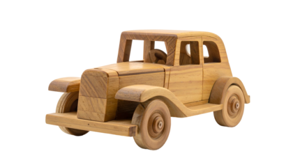 Handcrafted wooden toy car. Smooth, boxy design. Neutral brown tone