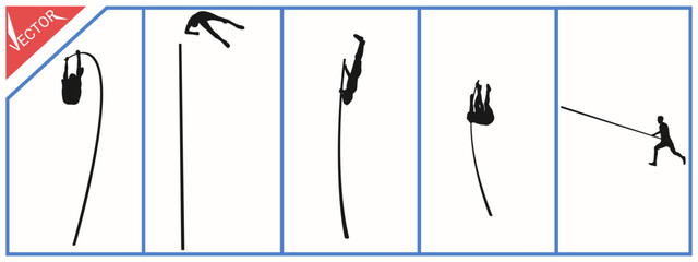 Silhouette of a pole vaulter. White background. Athletic sports theme.