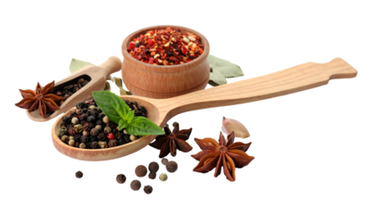 Aromatic spices in wood pepper, flakes, anise, basil, and more