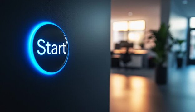 Metal with color neon Start button text " Start" on the wall in the office