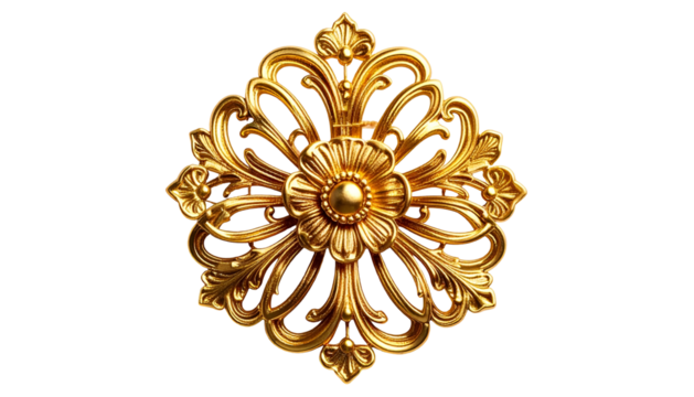 Golden, ornate, symmetrical floral design on black background