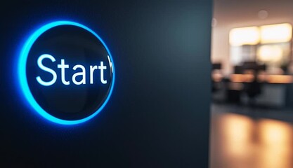 Metal with color neon Start button text " Start" on the wall in the office - Powered by Adobe