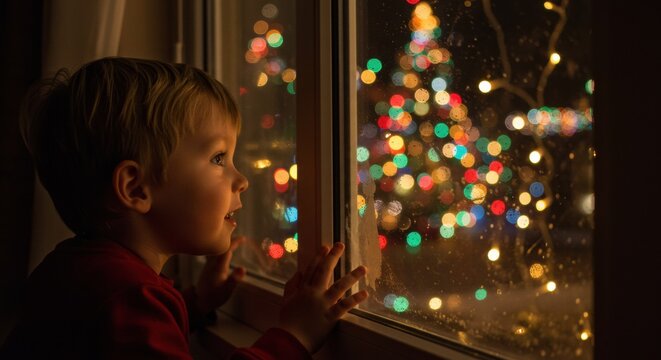 Child gazing at festive lights through a window during christmas - Powered by Adobe