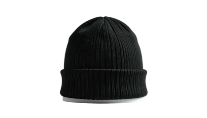 Black knit beanie with ribbed texture on a white surface