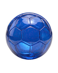 A glossy, vibrant blue soccer ball, centered against a black background.  The ball's surface is depicted with a pattern of hexagonal panels