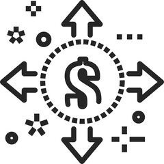 Dollar Sign Centered with Outward Arrows and Decorative Elements on Transparent Background
