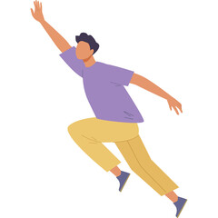 Dynamic Male Figure Leaping Forward with Arm Extended Purple Shirt Yellow Pants and Blue Shoes Isolated on Transparent Background