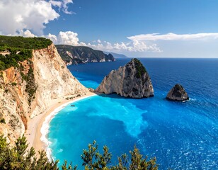 Turquoise sea and majestic cliffs meet under a vibrant, cloud-dotted sky