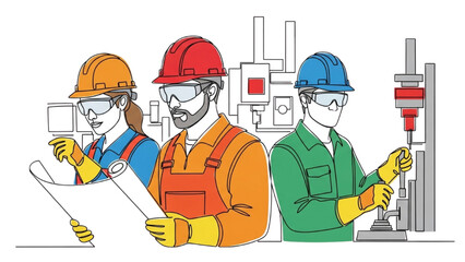 Continuous Line Drawing of Male and Female Factory Workers Wearing Helmets, Gloves, and Goggles – Minimalist Black Outline Representing Industrial Safety and Workforce Protection