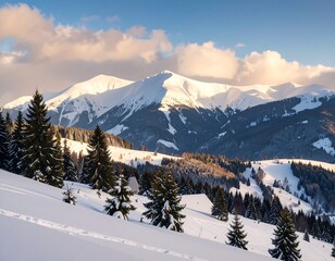Snowy mountain range at sunset, evergreen trees in foreground, snow-covered landscape