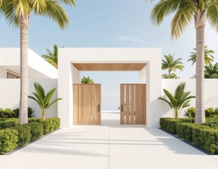 Opulent mansion entrance with grand driveway, ornate gates, and lush palm trees