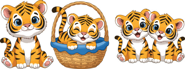 Cute baby tiger cubs vector illustration set featuring adorable cartoon animals sitting, smiling, and playing in basket isolated on white background for kids design