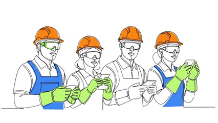 Minimalist One-Line Illustration of Factory Employees in Safety Gear –  Workplace Safety Awareness