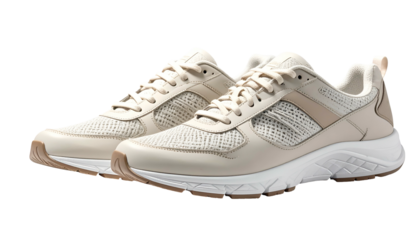 Beige running shoes with mesh and leather, white sole, brown trim