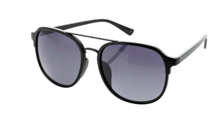 Black framed sunglasses with gray gradient lenses over dark