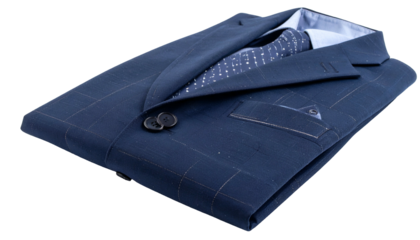 Folded navy plaid suit jacket and tie, ready for travel or storage