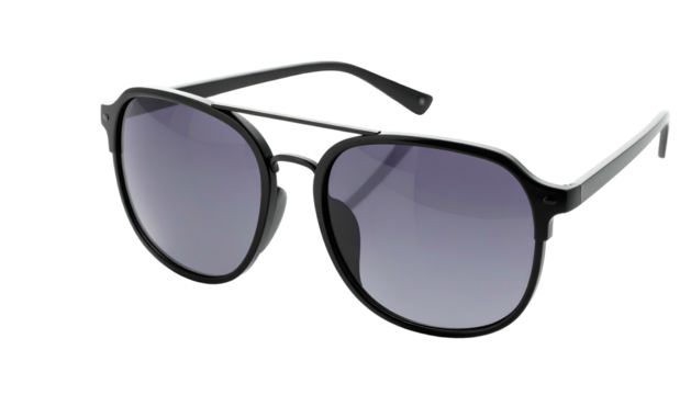 Black framed sunglasses with gray gradient lenses over dark