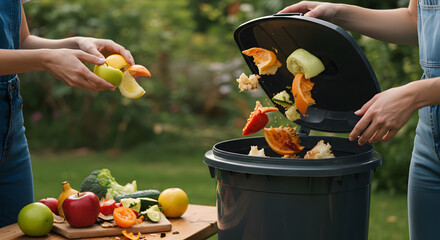 Woman composting organic waste in backyard, throwing food scraps into compost bin, recycling biodegradable material for garden fertilizer