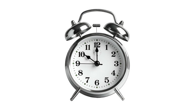 Metal alarm clock with bells, set for almost ten past ten