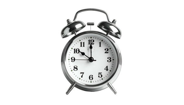 Metal alarm clock with bells, set for almost ten past ten