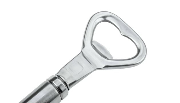 Shiny metal bottle opener on black background, close-up view