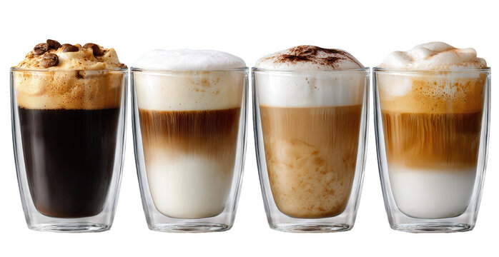 Four glasses of coffee drinks