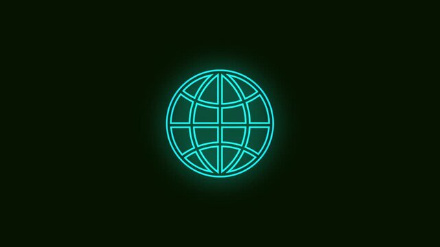 Glowing neon blue globe icon with a dark background representing global connection and technology